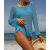 imageZESICA Womens 2025 Summer Crochet Hollow Out Long Sleeve Beach Bikini Swimsuit Mesh Cover Up Tunic TopLakeblue