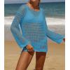 imageZESICA Womens 2025 Summer Crochet Hollow Out Long Sleeve Beach Bikini Swimsuit Mesh Cover Up Tunic TopLakeblue