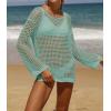 imageZESICA Womens 2025 Summer Crochet Hollow Out Long Sleeve Beach Bikini Swimsuit Mesh Cover Up Tunic TopMint