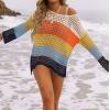 imageZESICA Womens 2025 Summer Crochet Hollow Out Long Sleeve Beach Bikini Swimsuit Mesh Cover Up Tunic TopNavy