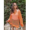 imageZESICA Womens 2025 Summer Crochet Hollow Out Long Sleeve Beach Bikini Swimsuit Mesh Cover Up Tunic TopOrange