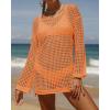 imageZESICA Womens 2025 Summer Crochet Hollow Out Long Sleeve Beach Bikini Swimsuit Mesh Cover Up Tunic TopOrange