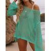 imageZESICA Womens 2025 Summer Crochet Hollow Out Long Sleeve Beach Bikini Swimsuit Mesh Cover Up Tunic TopPeacock