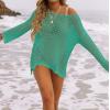 imageZESICA Womens 2025 Summer Crochet Hollow Out Long Sleeve Beach Bikini Swimsuit Mesh Cover Up Tunic TopPeacock