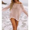 imageZESICA Womens 2025 Summer Crochet Hollow Out Long Sleeve Beach Bikini Swimsuit Mesh Cover Up Tunic TopPink