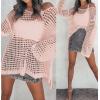 imageZESICA Womens 2025 Summer Crochet Hollow Out Long Sleeve Beach Bikini Swimsuit Mesh Cover Up Tunic TopPink