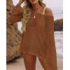 imageZESICA Womens 2025 Summer Crochet Hollow Out Long Sleeve Beach Bikini Swimsuit Mesh Cover Up Tunic TopRedbrown
