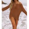 imageZESICA Womens 2025 Summer Crochet Hollow Out Long Sleeve Beach Bikini Swimsuit Mesh Cover Up Tunic TopRedbrown