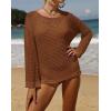 imageZESICA Womens 2025 Summer Crochet Hollow Out Long Sleeve Beach Bikini Swimsuit Mesh Cover Up Tunic TopRedbrown