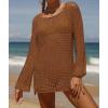 imageZESICA Womens 2025 Summer Crochet Hollow Out Long Sleeve Beach Bikini Swimsuit Mesh Cover Up Tunic TopRedbrown