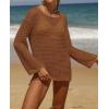 imageZESICA Womens 2025 Summer Crochet Hollow Out Long Sleeve Beach Bikini Swimsuit Mesh Cover Up Tunic TopRedbrown