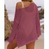 imageZESICA Womens 2025 Summer Crochet Hollow Out Long Sleeve Beach Bikini Swimsuit Mesh Cover Up Tunic TopRose