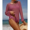 imageZESICA Womens 2025 Summer Crochet Hollow Out Long Sleeve Beach Bikini Swimsuit Mesh Cover Up Tunic TopRose