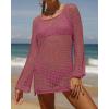 imageZESICA Womens 2025 Summer Crochet Hollow Out Long Sleeve Beach Bikini Swimsuit Mesh Cover Up Tunic TopRose