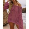 imageZESICA Womens 2025 Summer Crochet Hollow Out Long Sleeve Beach Bikini Swimsuit Mesh Cover Up Tunic TopRose