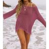 imageZESICA Womens 2025 Summer Crochet Hollow Out Long Sleeve Beach Bikini Swimsuit Mesh Cover Up Tunic TopRose