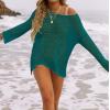 imageZESICA Womens 2025 Summer Crochet Hollow Out Long Sleeve Beach Bikini Swimsuit Mesh Cover Up Tunic TopTeal