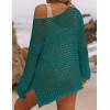 imageZESICA Womens 2025 Summer Crochet Hollow Out Long Sleeve Beach Bikini Swimsuit Mesh Cover Up Tunic TopTeal