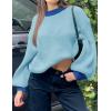 imageZESICA Womens Casual Long Sleeve Crew Neck Pullover 2025 Spring Ribbed Knit Loose Contrast Color Sweater TopsBlue