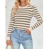 imageZESICA Womens Striped Puff Long Sleeve Tops Fall Crewneck Ribbed Knit Casual Pullover SweatersApricot