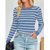 imageZESICA Womens Striped Puff Long Sleeve Tops Fall Crewneck Ribbed Knit Casual Pullover SweatersBlue