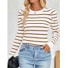 imageZESICA Womens Striped Puff Long Sleeve Tops Fall Crewneck Ribbed Knit Casual Pullover SweatersBrown