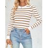 imageZESICA Womens Striped Puff Long Sleeve Tops Fall Crewneck Ribbed Knit Casual Pullover SweatersBrown