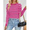 imageZESICA Womens Striped Puff Long Sleeve Tops Fall Crewneck Ribbed Knit Casual Pullover SweatersRose