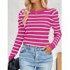 imageZESICA Womens Striped Puff Long Sleeve Tops Fall Crewneck Ribbed Knit Casual Pullover SweatersRose