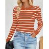 imageZESICA Womens Striped Puff Long Sleeve Tops Fall Crewneck Ribbed Knit Casual Pullover SweatersRust
