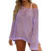 imageZESICA Womens 2025 Summer Crochet Hollow Out Long Sleeve Beach Bikini Swimsuit Mesh Cover Up Tunic TopPurple