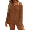 imageZESICA Womens 2025 Summer Crochet Hollow Out Long Sleeve Beach Bikini Swimsuit Mesh Cover Up Tunic TopRedbrown