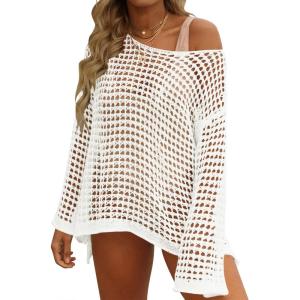 imageZESICA Womens 2025 Summer Crochet Hollow Out Long Sleeve Beach Bikini Swimsuit Mesh Cover Up Tunic TopApricot