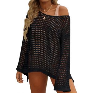 imageZESICA Womens 2025 Summer Crochet Hollow Out Long Sleeve Beach Bikini Swimsuit Mesh Cover Up Tunic TopBlack