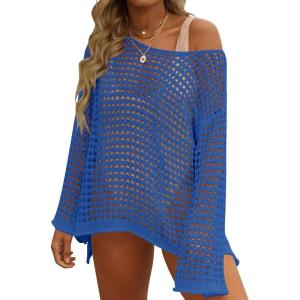 imageZESICA Womens 2025 Summer Crochet Hollow Out Long Sleeve Beach Bikini Swimsuit Mesh Cover Up Tunic TopBlue