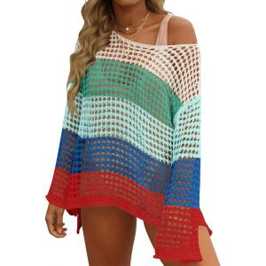 imageZESICA Womens 2025 Summer Crochet Hollow Out Long Sleeve Beach Bikini Swimsuit Mesh Cover Up Tunic TopBluegreen