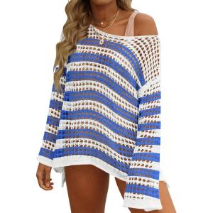 imageZESICA Womens 2025 Summer Crochet Hollow Out Long Sleeve Beach Bikini Swimsuit Mesh Cover Up Tunic TopCobalt