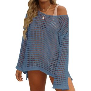 imageZESICA Womens 2025 Summer Crochet Hollow Out Long Sleeve Beach Bikini Swimsuit Mesh Cover Up Tunic TopDustyblue