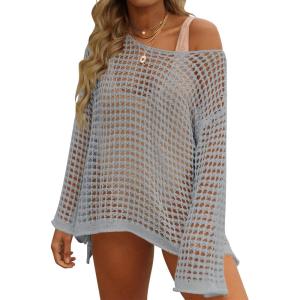 imageZESICA Womens 2025 Summer Crochet Hollow Out Long Sleeve Beach Bikini Swimsuit Mesh Cover Up Tunic TopGrey