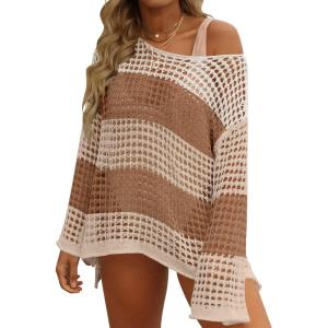 imageZESICA Womens 2025 Summer Crochet Hollow Out Long Sleeve Beach Bikini Swimsuit Mesh Cover Up Tunic TopKhaki