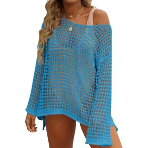 imageZESICA Womens 2025 Summer Crochet Hollow Out Long Sleeve Beach Bikini Swimsuit Mesh Cover Up Tunic TopLakeblue