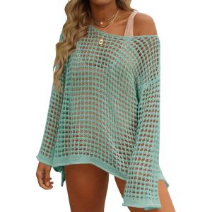 imageZESICA Womens 2025 Summer Crochet Hollow Out Long Sleeve Beach Bikini Swimsuit Mesh Cover Up Tunic TopMint