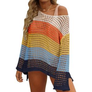 imageZESICA Womens 2025 Summer Crochet Hollow Out Long Sleeve Beach Bikini Swimsuit Mesh Cover Up Tunic TopNavy