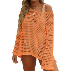 imageZESICA Womens 2025 Summer Crochet Hollow Out Long Sleeve Beach Bikini Swimsuit Mesh Cover Up Tunic TopOrange