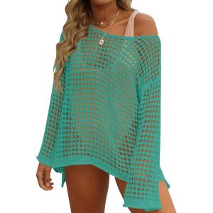 imageZESICA Womens 2025 Summer Crochet Hollow Out Long Sleeve Beach Bikini Swimsuit Mesh Cover Up Tunic TopPeacock