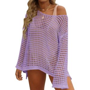 imageZESICA Womens 2025 Summer Crochet Hollow Out Long Sleeve Beach Bikini Swimsuit Mesh Cover Up Tunic TopPurple
