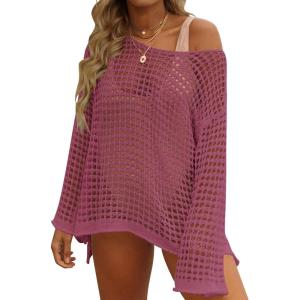 imageZESICA Womens 2025 Summer Crochet Hollow Out Long Sleeve Beach Bikini Swimsuit Mesh Cover Up Tunic TopRose