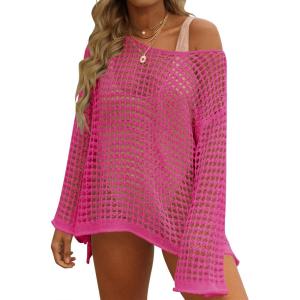 imageZESICA Womens 2025 Summer Crochet Hollow Out Long Sleeve Beach Bikini Swimsuit Mesh Cover Up Tunic TopRosepink