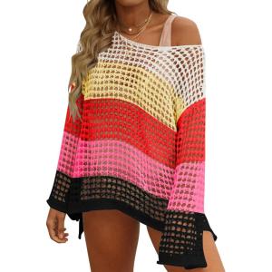 imageZESICA Womens 2025 Summer Crochet Hollow Out Long Sleeve Beach Bikini Swimsuit Mesh Cover Up Tunic TopWatermelon