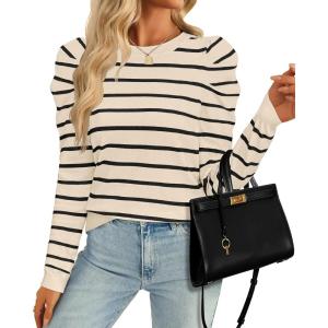 imageZESICA Womens Striped Puff Long Sleeve Tops Fall Crewneck Ribbed Knit Casual Pullover SweatersApricot